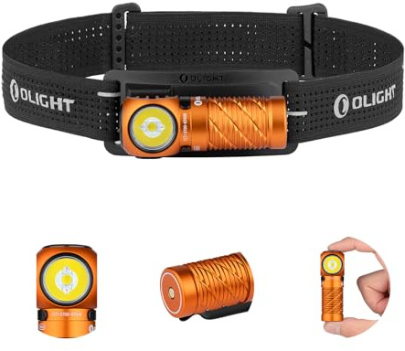 OLIGHT Perun 3 mini Stirnlampe aufladbar, 1250 Lumen, MAX. Laufzeit 10 Tage | 8 Lichtmodi, 140° einstellbare Kopflampe rotlicht mit Magnetfuß und Stirnband für Outdoor, Jagd und Notfall, IPX8, Orange