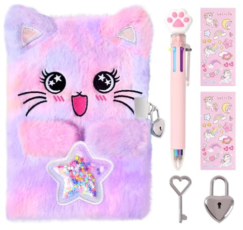 ENYILEE Cat Diary for Girls with Lock and Keys,Tie-Dye Journal for Kids,Hardcover Fluffy Notebook for Writing and Drawing,4-12 Year Old Girl Birthday (A Star-Cat,Purple)