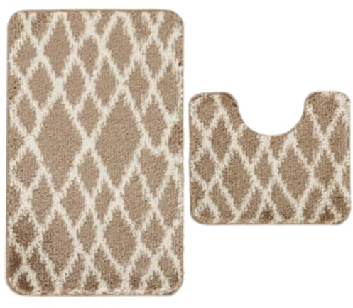 Paradise Bath Mat Set - Bath Mats 2 Piece Set- Soft Plush Anti-Slip Rugs - Bathroom Carpet Essentials - Bathroom Mat Quick Dry - Washable Mats - (Beigee, 80 x 50 cm + U Shaped 48 x 48 cm)