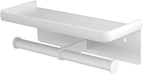 Porta carta igienica con ripiano, design a parete per rotoli doppi, struttura in metallo di qualità con finitura bianca, mensola da 260 mm per bagno organizzato