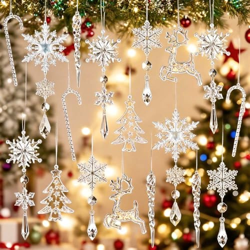 Acryl Eiszapfen Schneeflocke Eistropfen Anhänger Weihnachtsbaumschmuck, Weihnachtsbaum Kristall Dekorationen, Klare Ornament für Christbaumschmuck Winter Neujahr Dekoration (18PCS Weiß)