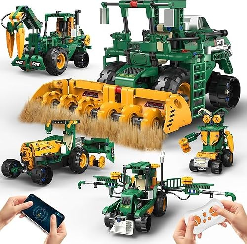 Teknikrobot för barn, 5-i-1 robotbyggsats med app och fjärrstyrd RC teknikrobot byggsats/traktor/kombajn/vattentank, 313 delar RC programmerbar present för pojkar 5–10 år