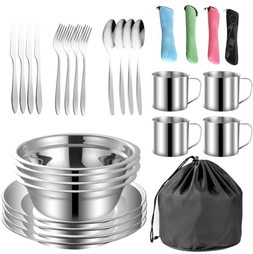 Vajilla Camping,Vajilla de Acero Inoxidable,con Placa Tazon Tenedor Cuchara Cuchillo y Bolsa de Red,para Autocaravana,pícnic,Viajes,Aire Libre
