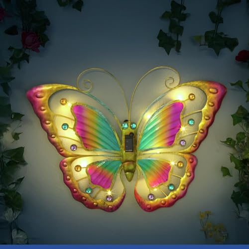 Maximex LED Solar Gartenleuchte Schmetterling mit bunten Glasflügeln, Dämmerungssensor, wetterfest, dekorative Solar Wanddeko für Garten, Balkon und Zaun, 40 x 3 x 54 cm, Metall Glas