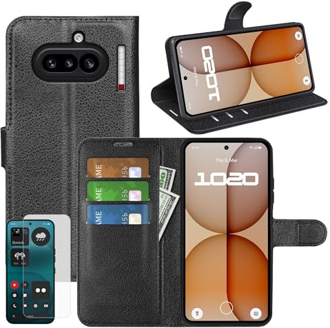 Wigento Klapphülle Schutzglas Set für Nothing Phone 4a, Kunstleder Wallet Hülle, Kartenfach, Standfunktion, 9H Displayschutz Glas Handyhülle (Schwarz)