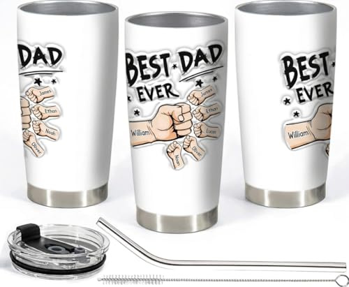 Personalised Dad Tumbler with Kids Names Dad Gifts from Daughter Son 20oz Stainless Steel Insulated Travel Mug with Lid & Straw Personalised Gifts for Fathers Day for Men Grandpa Birthday Present (01)