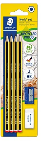 STAEDTLER Bleistifte Noris 120, HB, sechskant, Set mit 4 unglaublich bruchfesten Bleistiften, 1 Spitzer, 1 Radiergummi, hohe Qualität Made in Germany, 120S1 BK4D