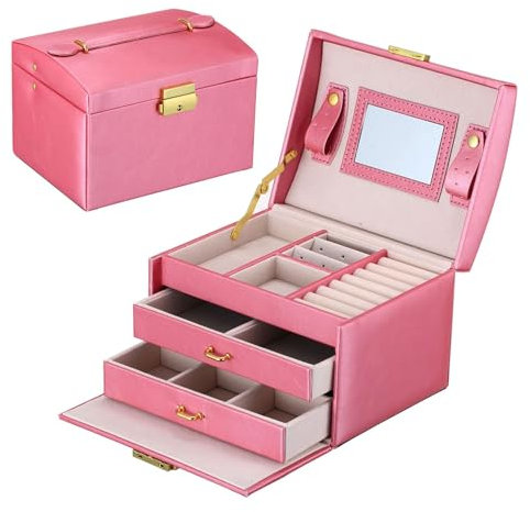 goldwheat Schmuckkästchen aus Leder für Ohrringe, Ringe, verspiegelt, Geschenk für Frauen und Mädchen, Schloss und Schlüssel (Pink)