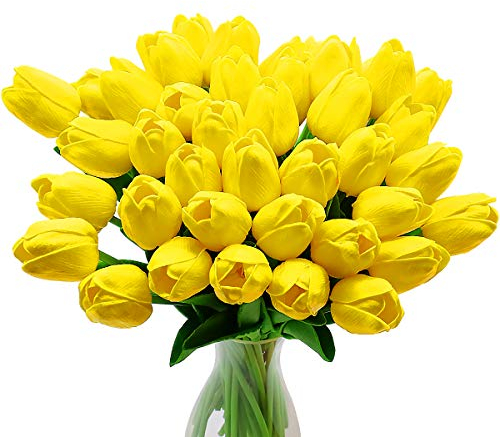 CattleyaHQ Künstliche Tulpen-Blumen, 10pcs Real Touch Latex-Blumen-Tulpen mit Blättern, Elegante Dekoration für Brauthochzeits-Bankett-Partei, Hauptküche (Gelb)