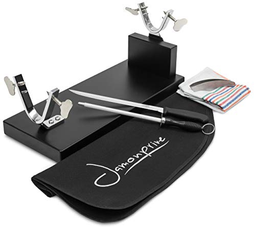 Jamonprive Support à Jambon + Couteau & Fusil à Aiguiser + Couvre Jambon + Torchon + Pinces Kit de Tranchage Professionnel pour Jambon Serrano, Ibérique et Prosciutto