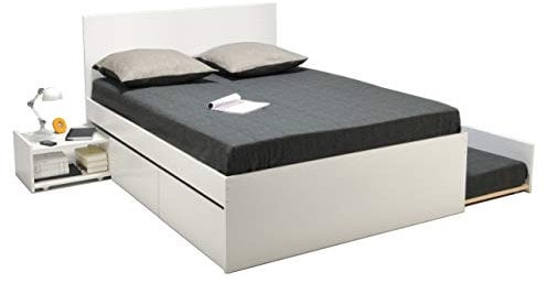 Lit double ALPHA 140x190 + 2 tiroirs + tiroir lit 90x190 avec sommier + chevet / Blanc