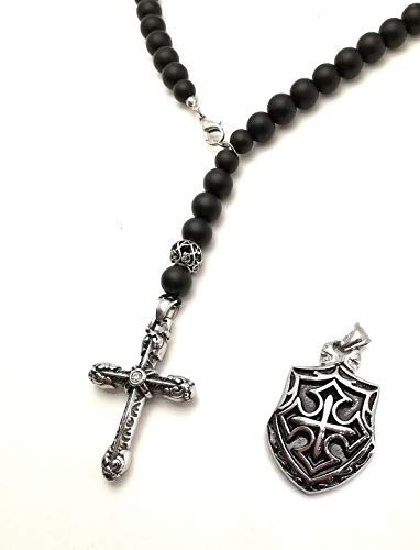 Halskette Y-Kette Rosenkranz Black Lava/Onyx Matt perlen 10mm Anhänger Kreuz Edelstahl mit Stein Ritter Schild kette schwarz Schmuck für Herren und Damen/ALLA