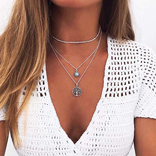 Yienate Collier ras du cou style bohème avec pendentif en forme d’arbre de vie avec strass pour femmes et filles Argenté