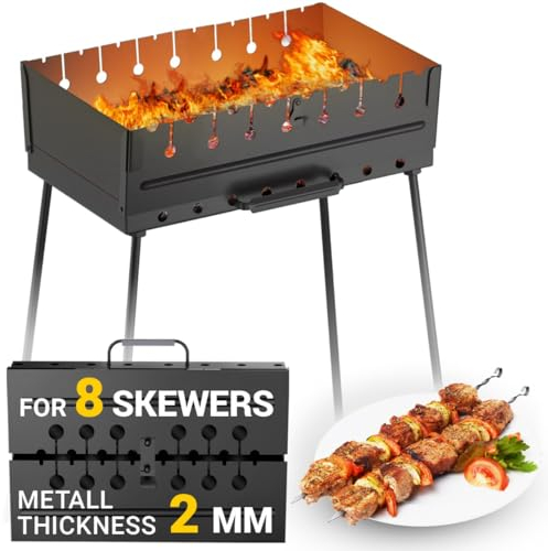 Holzkohlegrill für 8 Spieße, tragbar, 43 x 30 x 43 cm Kabob Camp-Grills, faltbarer Metall-Mangal, Kebab Shish, für Alltag, Picknick, Outdoor-Kochen, Camping, Wandern