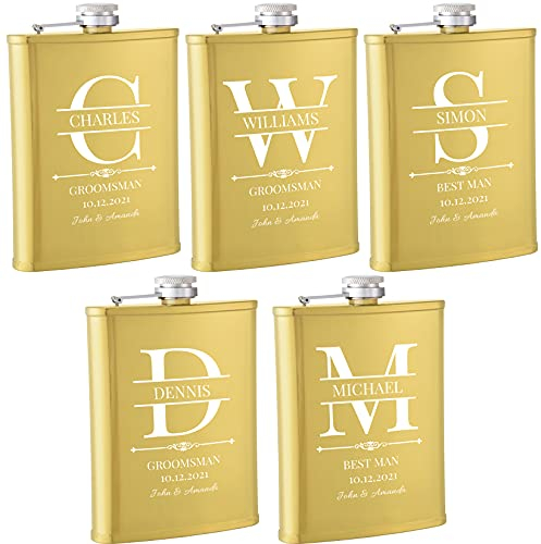 Flachmann Mit Gravur, 5 Stück Flachmänner Personalisiert 227ml/8oz für die Trauzeugen Männer, Gravierter Flachmann Edelstahl für Hochzeit, Trauzeugin Geschenk und Junggesellenabschiedgeschenk (Gold)
