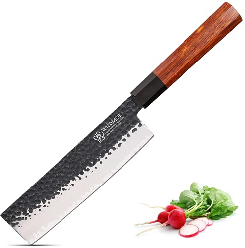 WILDMOK Cuchillo Nakiri de 17 cm, 3 capas de acero revestido 9Cr18MoV, cuchillo para verduras forjado con mango octogonal - Serie Jiao