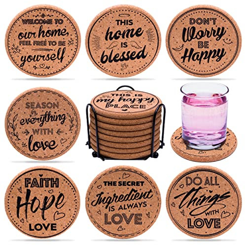 Coasterlux Lot de 8 grands dessous de verre ronds en liège absorbants avec support mignons et drôles Dessous de verre pour protéger les tables en bois dessous de plat tasses et tasses Cadeau sympa