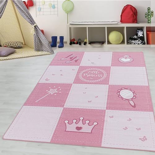 Kinderteppiche für Kinder Little Prinzessin Motiv Mädchen Spielteppich Prinzessin Krone Zauberstab Waschbar Mädchen Teppich für Kinderzimmer Babyzimmer Teppich Farbe: Pink, Grösse: 100 x 150 cm