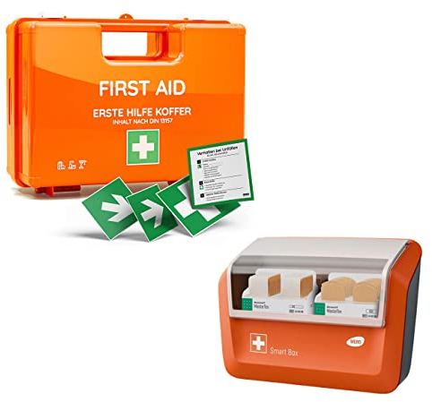 Erste Hilfe Koffer nach DIN 13157:2021 inkl. WERO Smart Box, Wandhalterung und Aufklebern - Verbandkasten - Kasten - Verbandskasten - Betriebsverbandkasten - Betriebe Zuhause Einrichtungen - orange