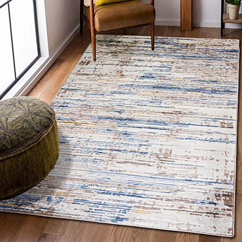 Carpeto Rugs Modern Teppich abstrakt Muster - Kurzflor, Weich und Glanz - Teppich für Wohnzimmer, Schlafzimmer, Esszimmer - ÖKO-TEX Wohnzimmerteppich - Beige Creme Blau - 80 x 150 cm
