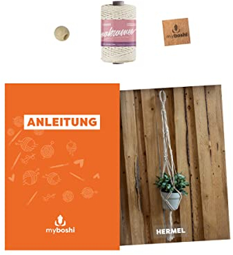 myboshi Makramee-Set Blumenampel Hermel, inkl. Makramee-Kordel und Anleitung, 4mm geflochten, Made in Germany, 100% Baumwolle Natur mit Anleitung