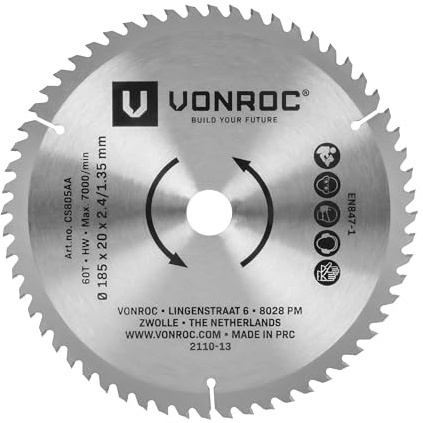 VONROC Lame de Scie Universelle pour Bois 60 Dents - Lame Scie Circulaire à Onglet Radiale 185x20mm de Diamètre - Compatible avec Scie Circulaire sur Table - Vitesse max. 7000 tr/min