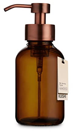 Kuishi Amber Amber Glass Foaming Liquid Soap Dispenser with Bronze Stainless Steel Pump, 500ml Recycled Soap Bottle, UV Protective Glass, BPA-Free