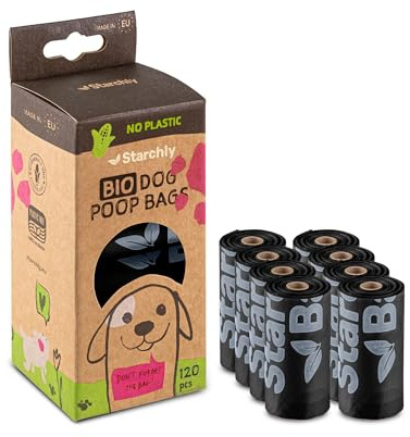 Starchly Kompostierbare Kotbeutel für Hundekot, umweltfreundlich, auslaufsicher, Stärkebasis, 120 Beutel (8 Rollen mit je 15 Stück), Schwarz