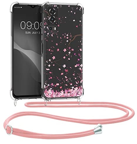 kwmobile Carcasa Compatible con Vivo Y72 5G / Y52 5G Funda con Cuerda - Funda con Correa Colgante - Cordón Ajustable - Bordes elevados - Flores Cerezo cayendo