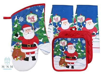MMT Collection Christmas Kitchen Towel Set 5 Piece 2 Pot Holders & 2 Towels with 1 Oven Mitt (Santa Claus)
