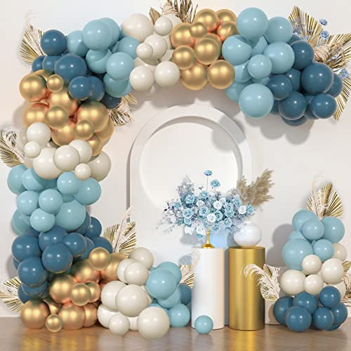 Dusty Blue Balloon Garland Sand White Slate Fog Blue Metallic Gold Latex Balloons Arch Kit for Baby Shower Jungle Wedding Boy Girl Birthday Party Decorations