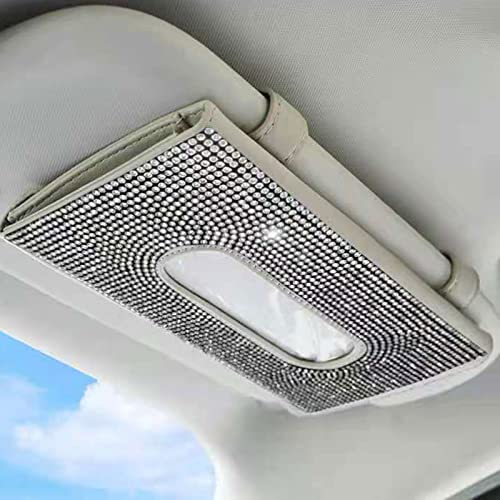 Bling Leder Taschentuchbox Glitzer-Tücherbox für Auto-Sonnenblende Auto Taschentuchbox Kristall-Taschentuchhalter für Damen (Beige - Silber Diamant, 1PC)
