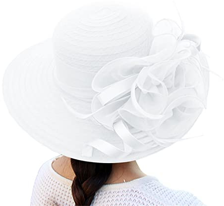 Damen Organzahut Sommer Hut Elegante Kirche Fascinator Braut Party Hochzeit Hut Klassischer Sonnenhut Mesh Bowknot Hut Vintage Urlaub Outdoor Strandhut Strohhut Outdoor Beach (y2-White, One Size)