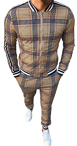 Oanviso Freizeitan-Set Herren Langarm Kariertes Trainingsanzug Sportanzug mit Reißverschluss und Tasche Jogginganzug Slim Fit Männer Sweatjacke Trainingshose Karierter Zweiteiliger Sets D11 XXL