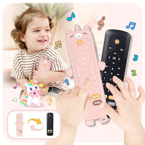 Baby Remote Control Toy with Silicone Teether Cover - Baby Musical Toys, Early Number Learning in 3 Languages (English, Spanish & French), Preschool Infant Girl Toys 6, 9, 12, 18 Month.