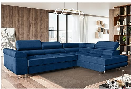 MEBLINI Schlafcouch mit Bettkasten - Ecksofa mit Schlaffunktion - Sofa mit Relaxfunktion und Kopfstützen - Couch L-Form - Eckcouch - Wohnlandschaft - MALIBA - 277x203x63cm Rechts - Blau Samt