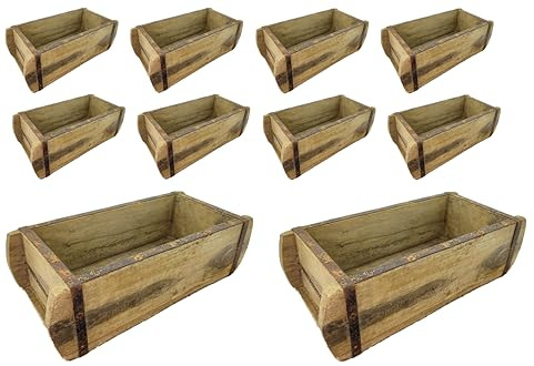 MC-Trend 10 Stück Ziegelsteinform aus Holz – rustikale Holzkiste zum Bepflanzen – Altholz Blumenkasten – Backsteinform mit Metallbeschlägen – jedes Stück ein Unikat – Holz Zieglform