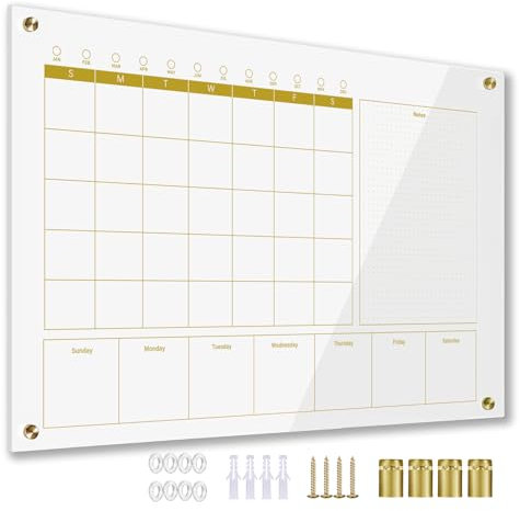 Marribol Glas 3-1 goldener Monatskalender, trocken abwischbar, Whiteboard für Wand, 61 x 91,4 cm, rahmenlose Montage, Büro/Schule/Zuhause, rahmenlos, großer Planer, Whiteboard