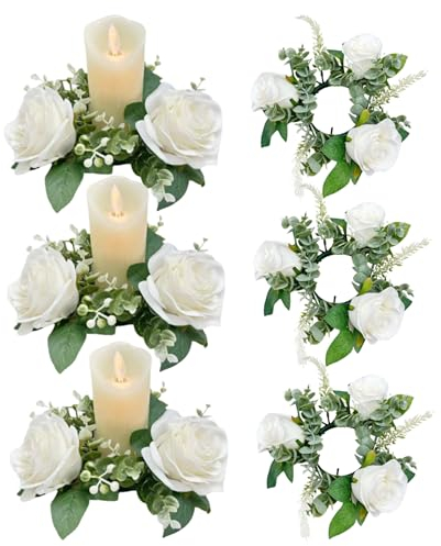 Kerzenringe Kränze, 6pcs 20 cm/7,9 Zoll künstliche Rosenkerzenringe, Blumenkranzkerzenhalter, Hochzeitsmittelstücke für Esstischdekor (weiß)