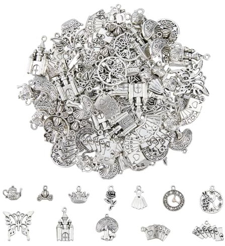 DICOSMETIC 120 Stück 12 Stile Rosen Anhänger Märchen Charms Tibetische Legierungsanhänger Pilz Kaninchen Schloss Anhänger Antik Silber Charms Für Schmuckherstellung Bohrung: 1.6-2.5mm