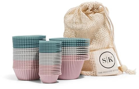 The Silicone Kitchen Juego de regalo de tazas de silicona reutilizables para hornear, 24 tazas regulares para hornear, 12 tazas jumbo para hornear, 24 mini tazas para hornear, rosa, azul, gris