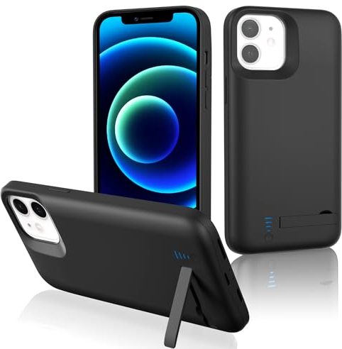 Gladgogo Coque de batterie pour iPhone 12/12 Pro, 6000 mAh, coque de charge portable avec béquille rechargeable, noir