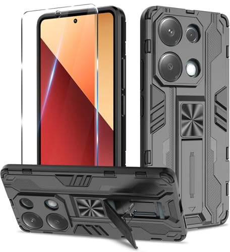 Btstring Cover per Xiaomi Redmi Note 13 Pro 4G con Pellicola Protettiva, Militare Custodia con Stand Supporto Bumper Antiurto Case, TPU+PC Dual Layer Custodia- Nero