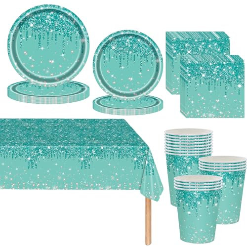 Vert sarcelle Vaisselle de fete 81 Pièces Vert Jetables Anniversaire Vaisselle Papier Assiettes Papier Tasses Serviettesr Nappe,pour Anniversaire Fête Mariages Fête de Baby Shower -20 Invités