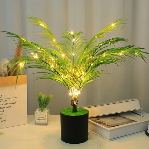 LED Tischlampe Kreativ Dekorativ Künstliche Pflanzen Bonsai Leuchtend Niedliches Nachtlicht für Schlafzimmer Büro Wohnzimmer, USB Nachttischlampen für Freunde, Familie, Geschenke(Areca Palm)