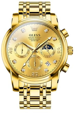 OLEVS Gold Armband Herren Großes Gesicht Multifunktion Chronograph Watches for Men Arabische Ziffern Mondphasen Edelstahl Herren Kleid Uhr Wasserdicht Leuchtend mit Datum Watches for Men