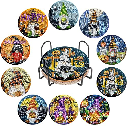 Lot de 10 sous-verres ronds en forme de nain d'Halloween avec support 5D pour peinture d'Halloween - Fournitures d'artisanat pour adultes et enfants