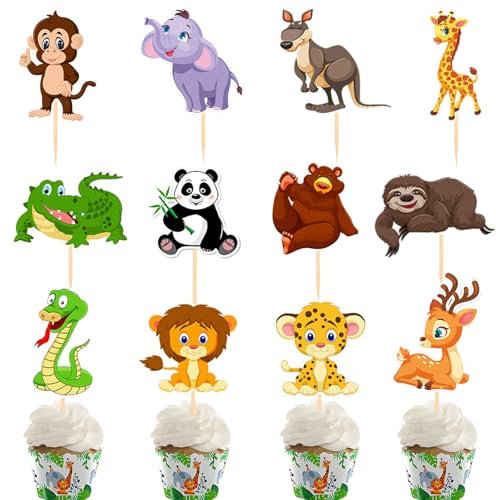 Silars Wald Tier Cupcake Topper, 24 Stücke Tortendeko Wald Tier Deko Geburtstag, Tier Tortenaufleger für Cupcake DIY Deko für Tiermotiv, Babyparty, Geburtstag, Party