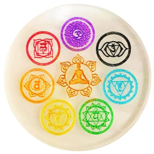 HOME GENIE Seven Chakra Selenite Round Plate for Energy Healing & Meditation | Crystal Charging Plate | Spiritual Home Decor | Diameter: X cm