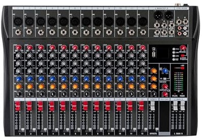 Audio Mischpult Konsole Verstärker Kanal Studio Mixe Live Mixer Bluetooth USB,DJ Sound Controller für Computer Recording 12-Kanal mit XLR Mikrofon Sockel, 48V Netzteil